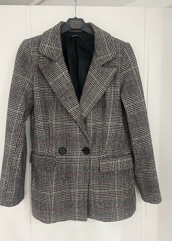 Ekose Desenli Gri Kadın Blazer Ceket