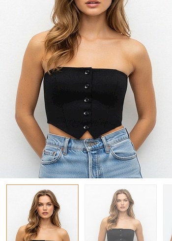 Düğmeli Siyah Straplez Denim Büstiyer
