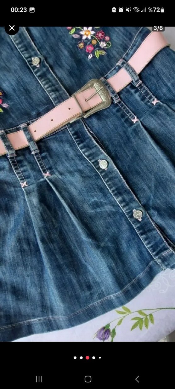 7 yaş Nakışlı Kemerli Kot Elbise - Görsel 3