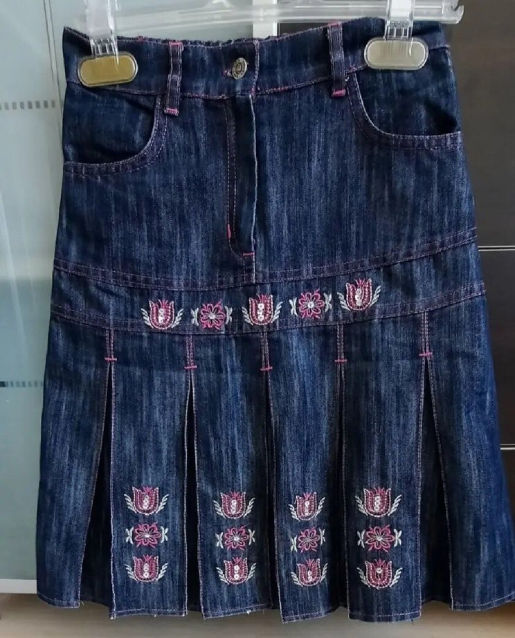 Nakışlı Pileli Kız Kot Etek - Görsel 2