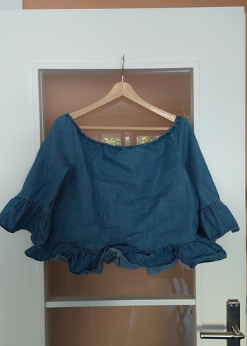 m Beden mavi Renk Volanlı Mavi Denim Bluz, Uzun Kollu, Bohem Tarz