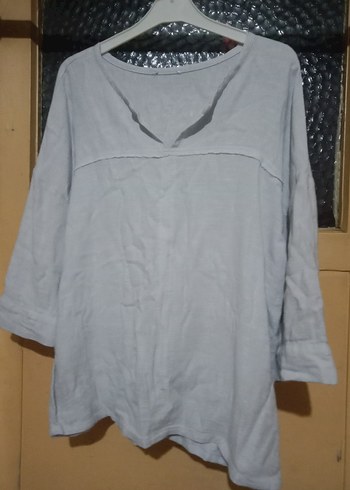 Gri V Yaka Uzun Kollu Keten Kadın Gömlek - Görsel 2