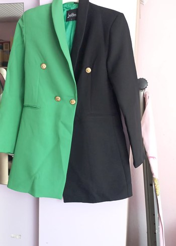 Düğmeli Yeşil-Siyah Midi Kadın Blazer