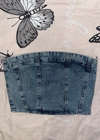 Straplez Fermuarlı Kadın Denim crop top