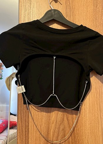 Siyah Süet Mini Crop Top tişört - Görsel 2