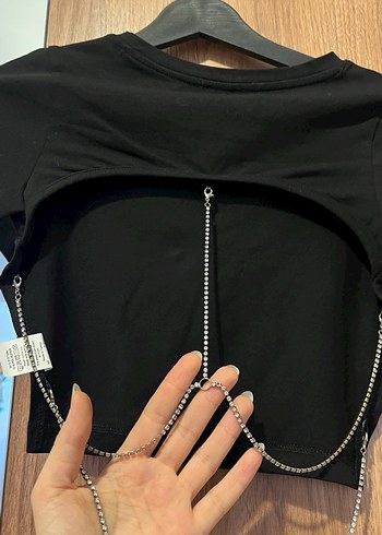 Siyah Süet Mini Crop Top tişört - Görsel 5