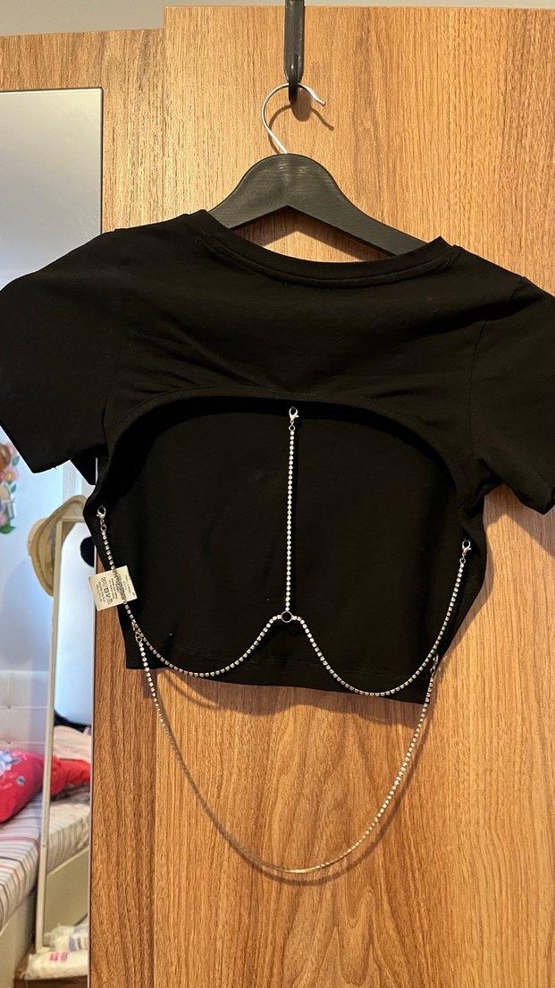 Siyah Süet Mini Crop Top tişört - Görsel 2