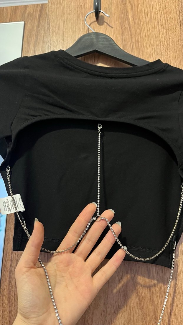 Siyah Süet Mini Crop Top tişört - Görsel 5