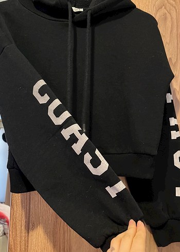 Siyah Kapüşonlu Baskılı Kadın Sweatshirt - Görsel 2