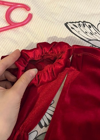 Kırmızı Drapeli Straplez Mini elbise kadife - Görsel 5