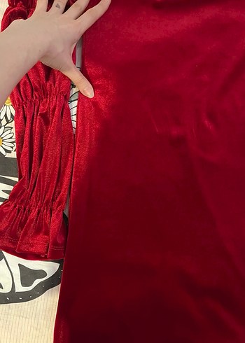 Kırmızı Drapeli Straplez Mini elbise kadife - Görsel 8