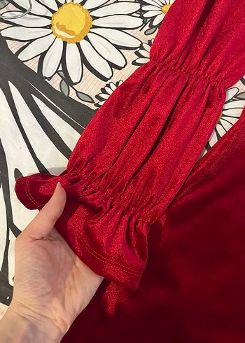 Kırmızı Drapeli Straplez Mini elbise kadife - Görsel 6