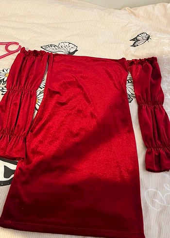 Kırmızı Drapeli Straplez Mini elbise kadife - Görsel 2