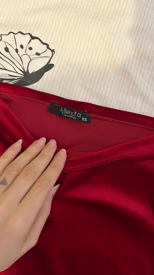 Kırmızı Drapeli Straplez Mini elbise kadife - Görsel 4