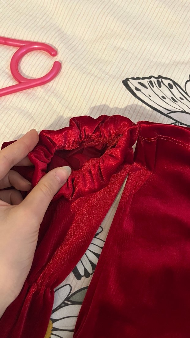 Kırmızı Drapeli Straplez Mini elbise kadife - Görsel 5