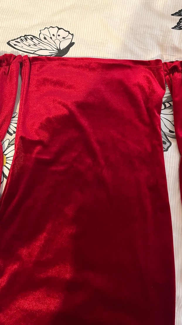 Kırmızı Drapeli Straplez Mini elbise kadife - Görsel 3