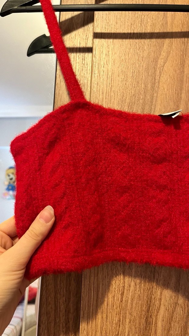 Kırmızı Örgü İp Askılı Crop Top - Görsel 5