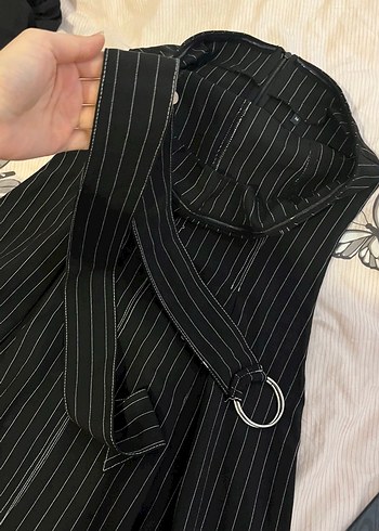 Siyah Straplez Drapeli Uzun çizgili Elbise - Görsel 8