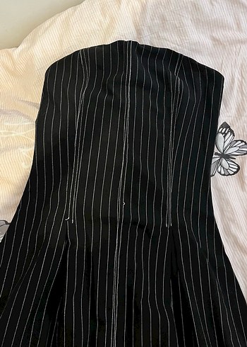 Siyah Straplez Drapeli Uzun çizgili Elbise - Görsel 5