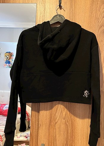 Siyah Kapüşonlu Crop Sweatshirt - Görsel 6
