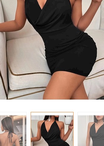 Siyah V Yaka Mini Payetli Abiye Elbise - Görsel 3