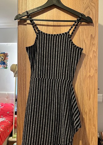 Siyah Çizgili Denim Mini Elbise şortlu