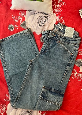 Düğmeli Loose Fit mavi Midi Denim Pantolon kargo cepli