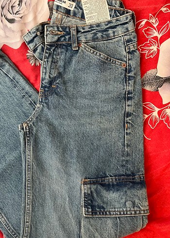 32 Beden Düğmeli Loose Fit mavi Midi Denim Pantolon kargo cepli