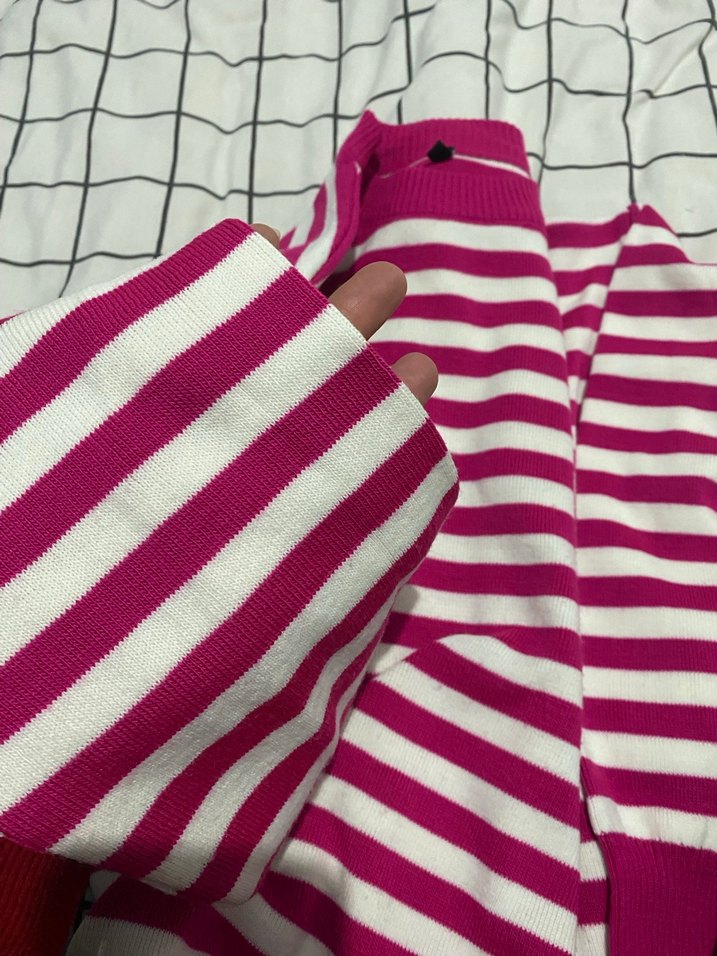 Pembe Çizgili Örme Kadın Kazak - Görsel 4