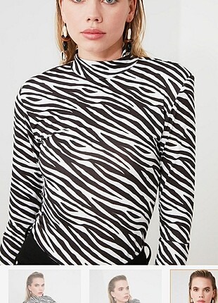 Trendyol & Milla Siyah zebra desenli vatkalı çıtçıtlı örme body