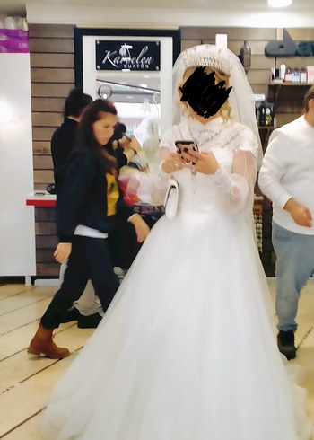 Vintage Dantel Detaylı Uzun Kollu helenistik Gelinlik - Görsel 13