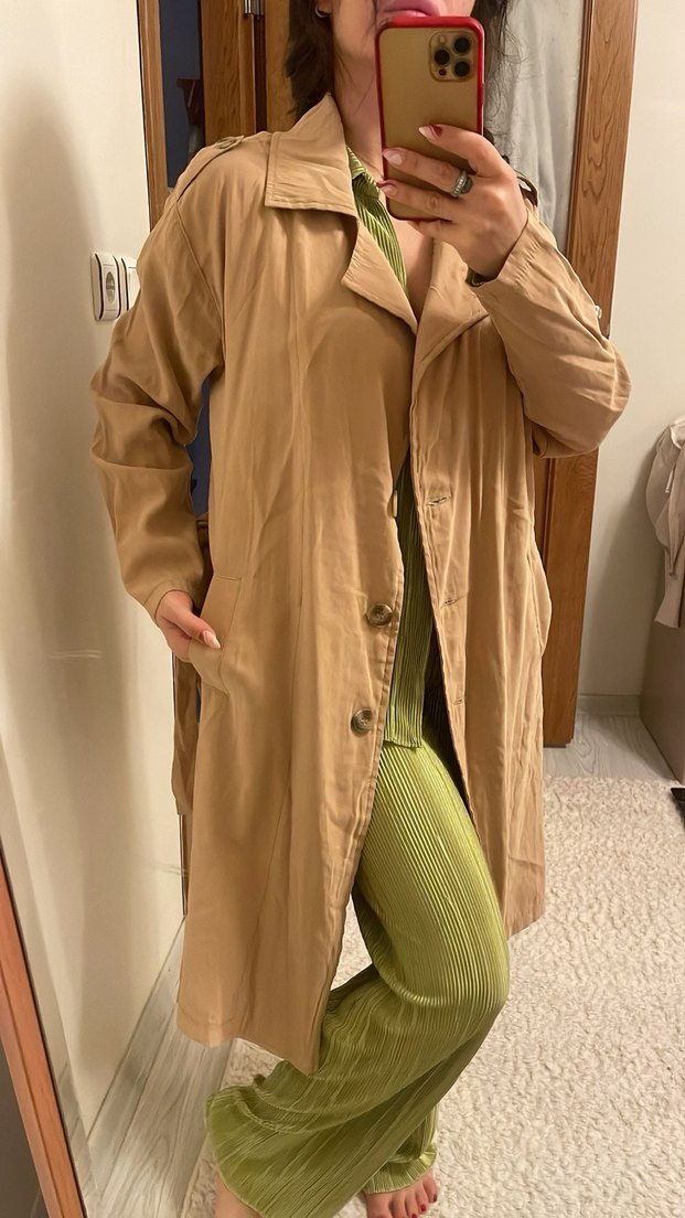 Bej Kemerli Midi Kadın Trençkot - Görsel 2