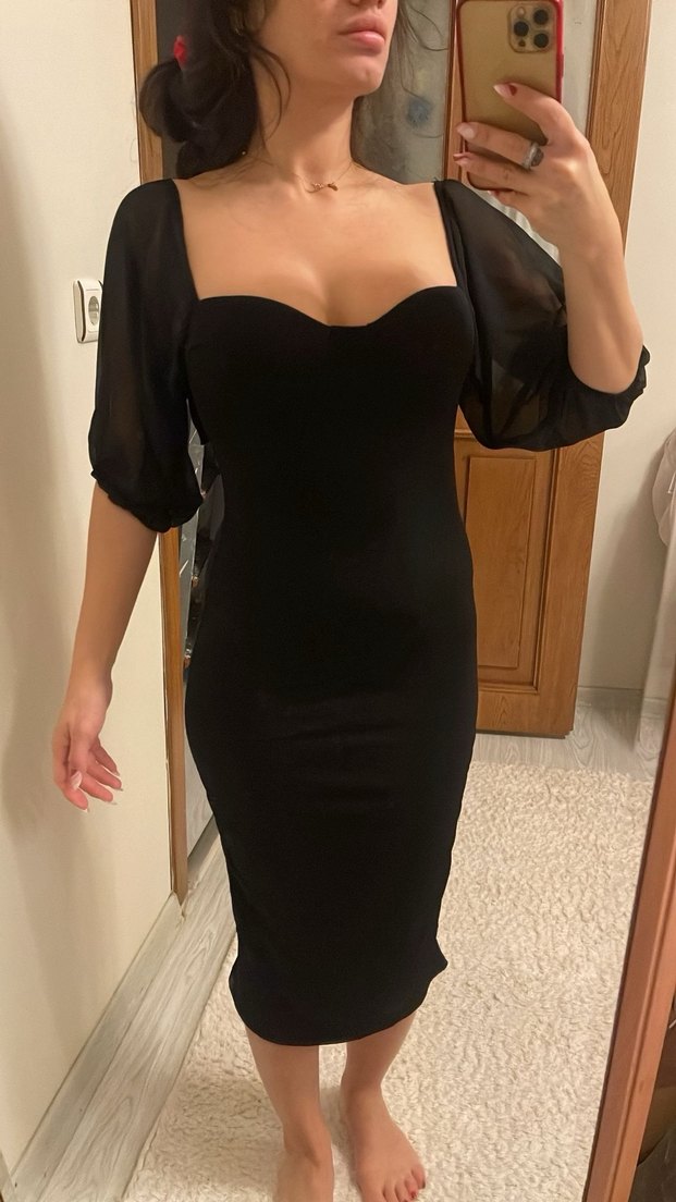 Siyah V Yaka Drapeli Kadın Midi Elbise - Görsel 3