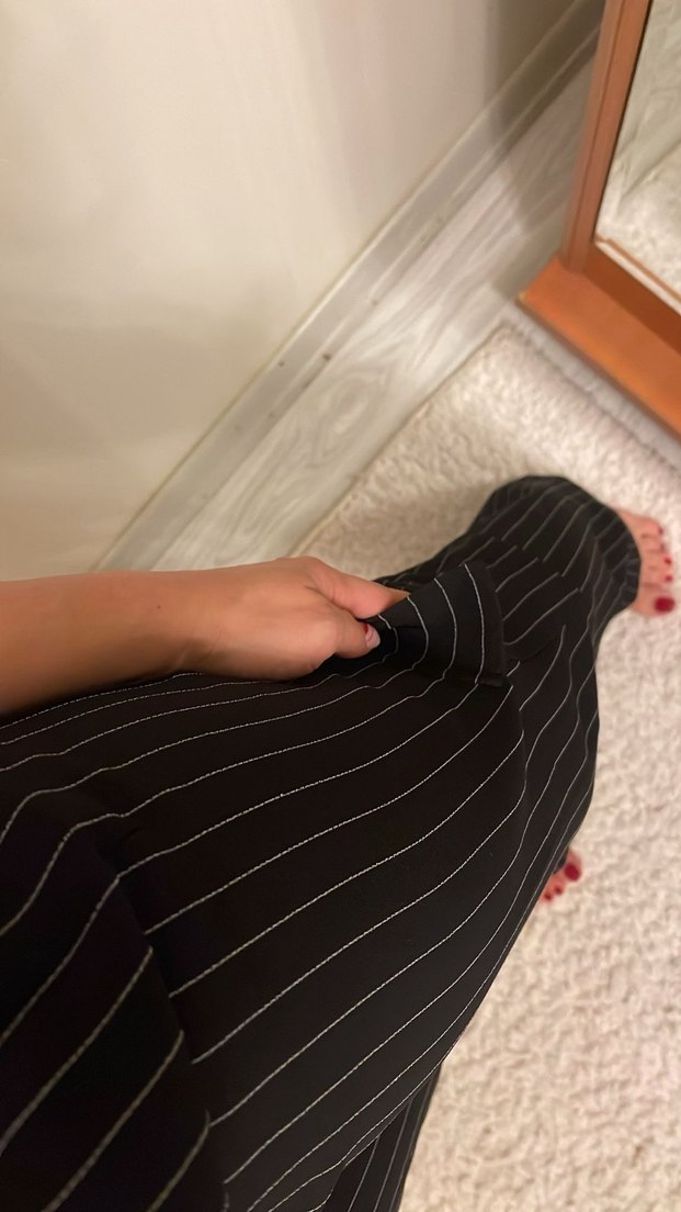 Düğmeli Siyah Çizgili Kadın Kumaş Pantolon - Görsel 2