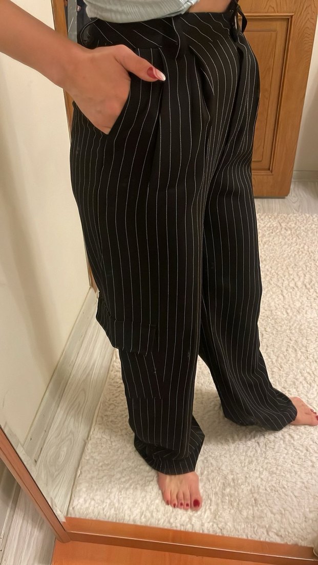 Düğmeli Siyah Çizgili Kadın Kumaş Pantolon - Görsel 4