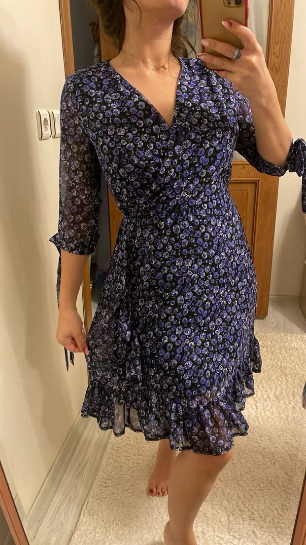 Mor V Yaka Fırfırlı Midi Bohem Elbise - Görsel 3