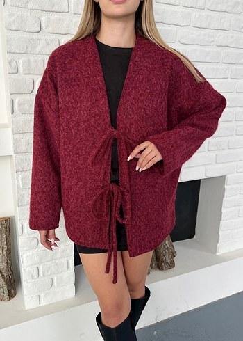 Gri Bordo Bağlama Detaylı Hırka - Görsel 3