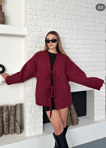 Gri Bordo Bağlama Detaylı Hırka - Görsel 4