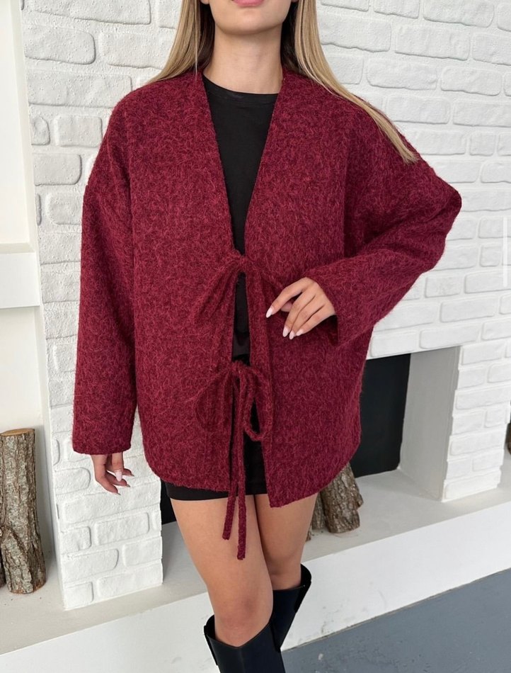 Gri Bordo Bağlama Detaylı Hırka - Görsel 3