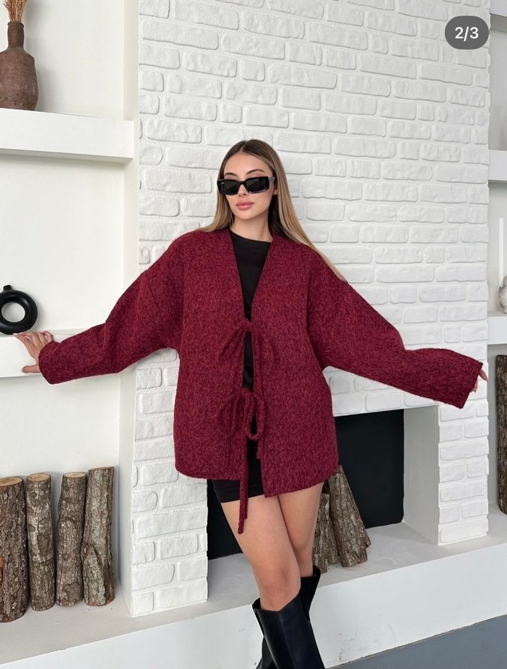 Gri Bordo Bağlama Detaylı Hırka - Görsel 4