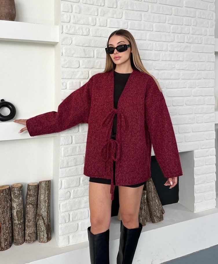 Gri Bordo Bağlama Detaylı Hırka - Görsel 5