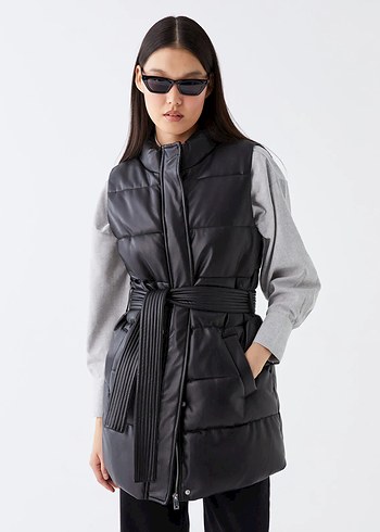 Kemer Detaylı Deri Kadın Şişme Yelek - Görsel 6