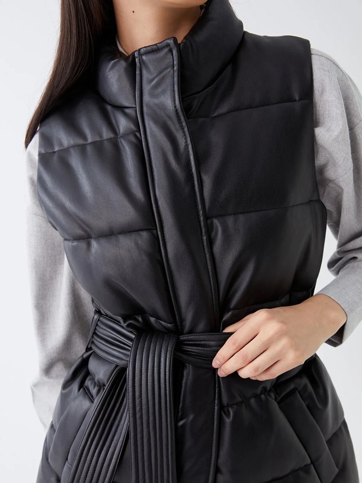 Kemer Detaylı Deri Kadın Şişme Yelek - Görsel 3