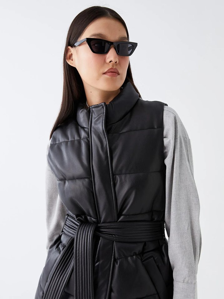 Kemer Detaylı Deri Kadın Şişme Yelek - Görsel 4