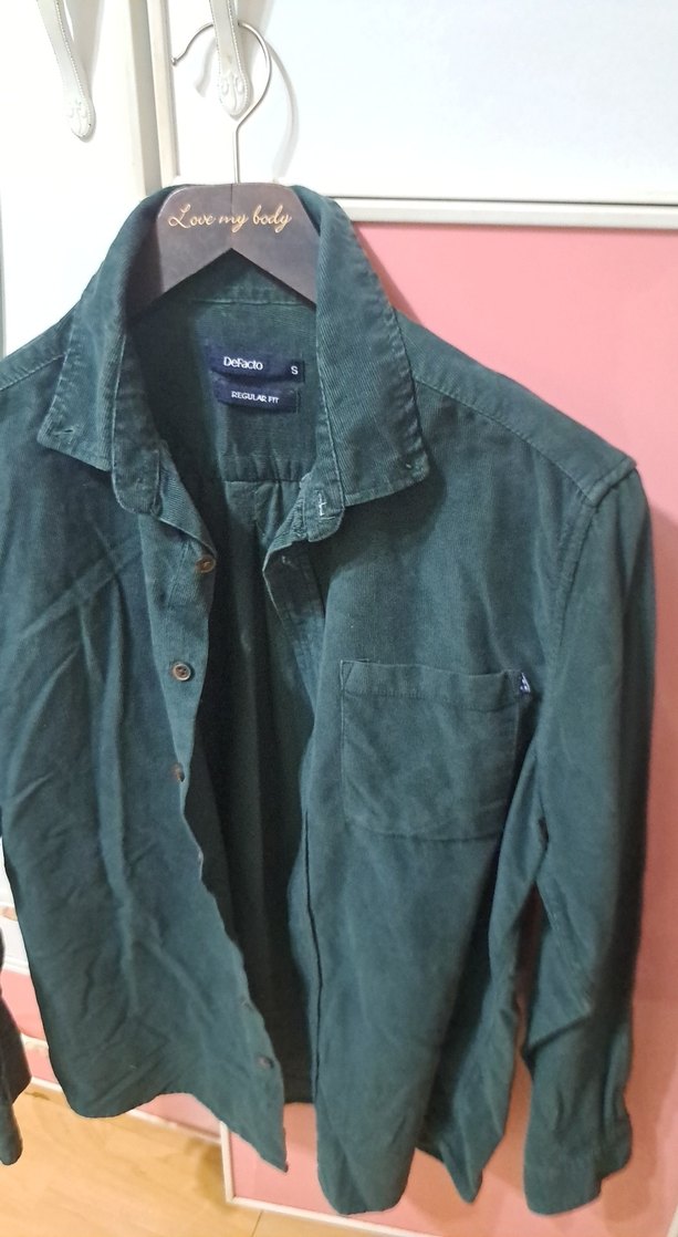 Düğmeli Koyu Yeşil kadife bayan Gömlek - Görsel 5