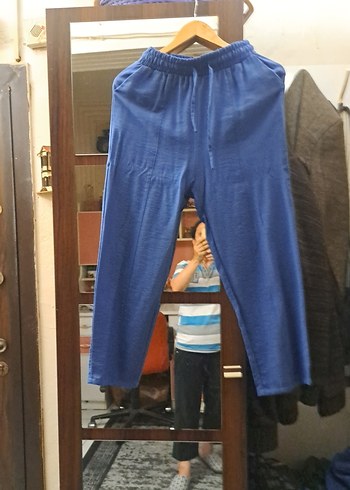 m Beden Düğmeli Mavi Kadın Keten Gömlek pantolon takim