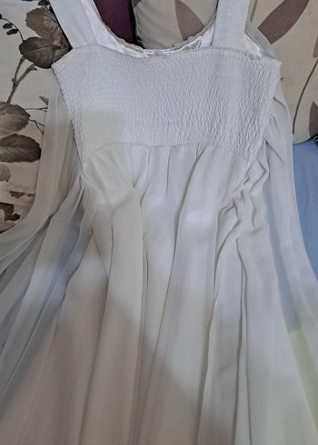Beyaz Keten Uzun Abiye Elbise - Görsel 5