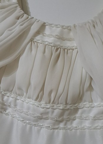 Beyaz Keten Uzun Abiye Elbise - Görsel 4