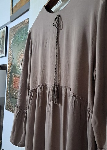48 Beden camel Renk Bej Bohem Uzun Keten Elbise