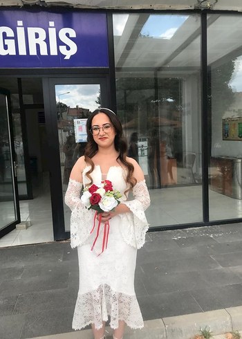 Dantel Detaylı Straplez Midi Nikah Elbisesi - Görsel 2